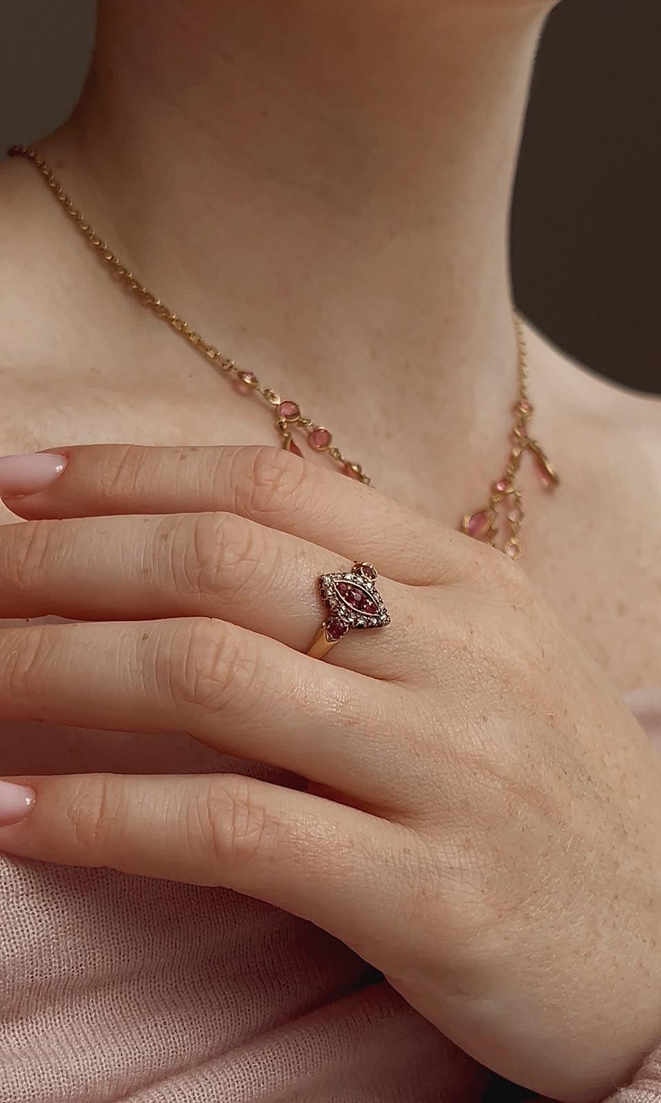 Stunning Edwardian 18ct Gold, Ruby and Diamond Marquise Cluster Ring