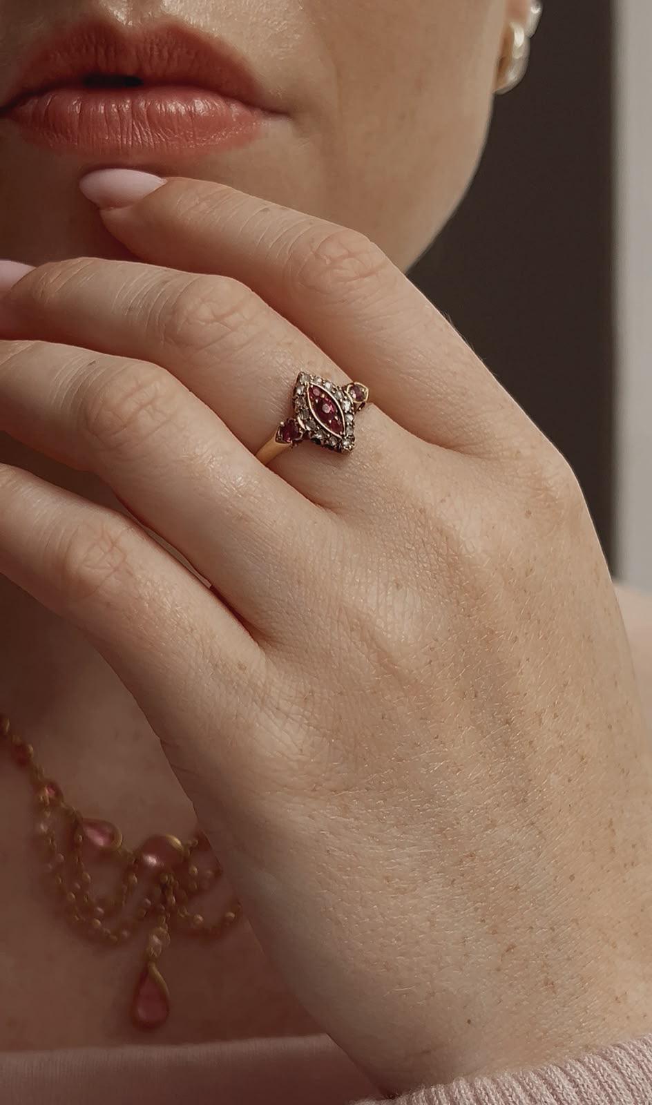 Stunning Edwardian 18ct Gold, Ruby and Diamond Marquise Cluster Ring