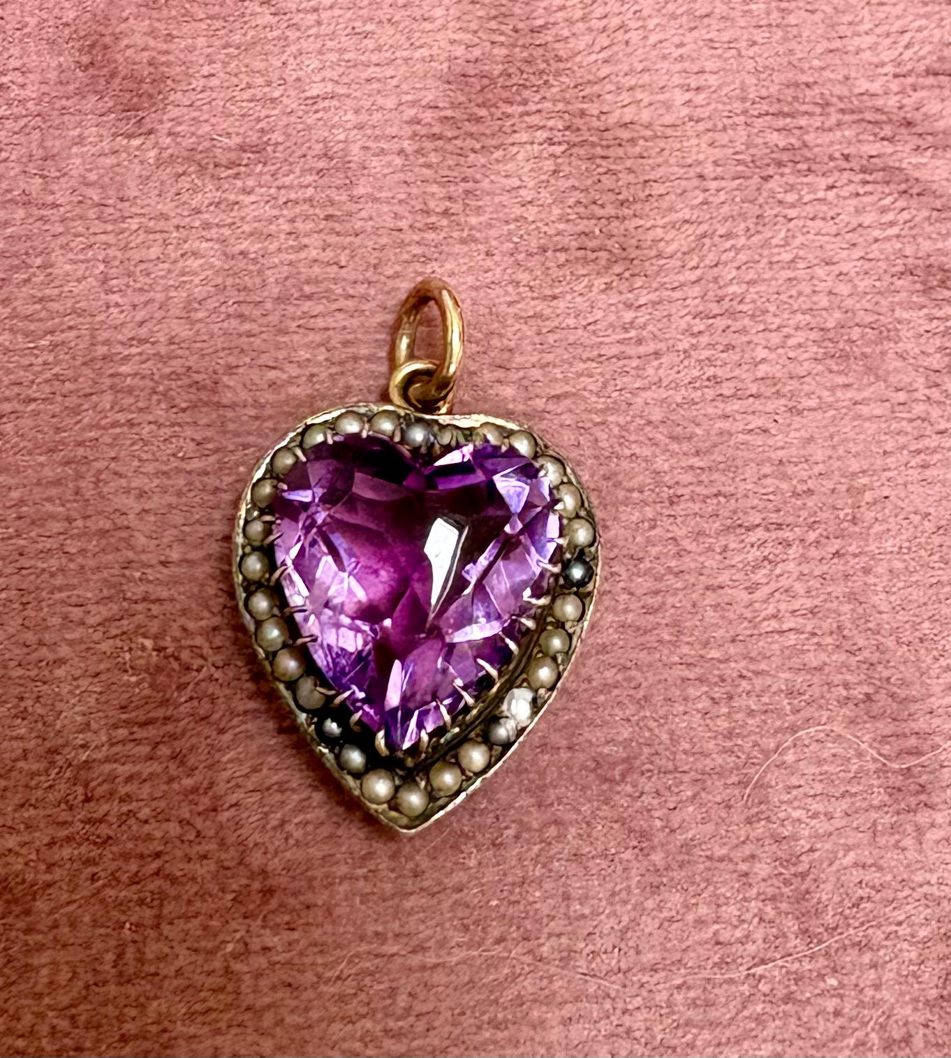 Antique Heart Shaped Amethyst and Seed Pearl Pendant