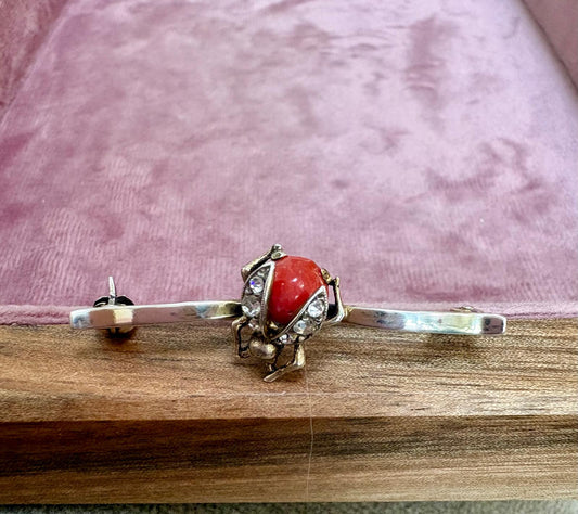 Wonderful Antique 14k Gold, Coral and Old-Cut Diamond LadyBird Brooch