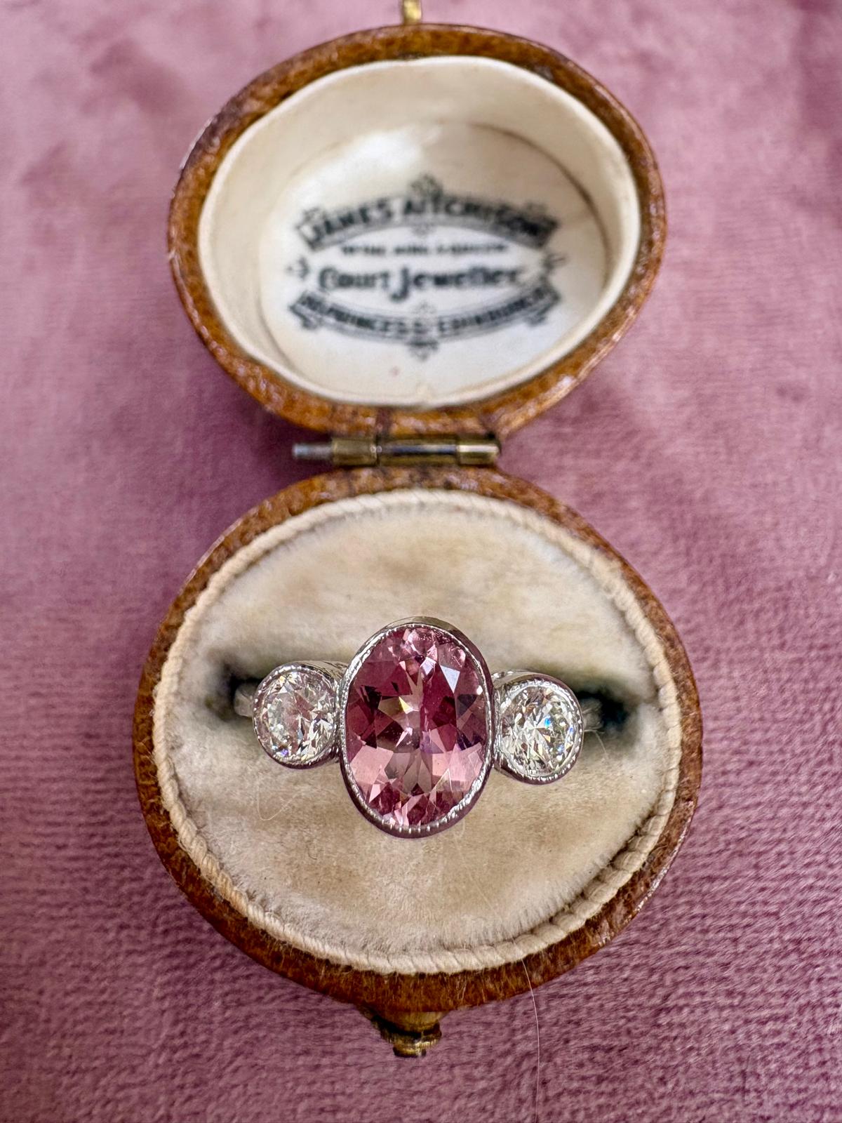 Wonderful Modern Platinum Pink Tourmaline and Diamond Three Stone Ring