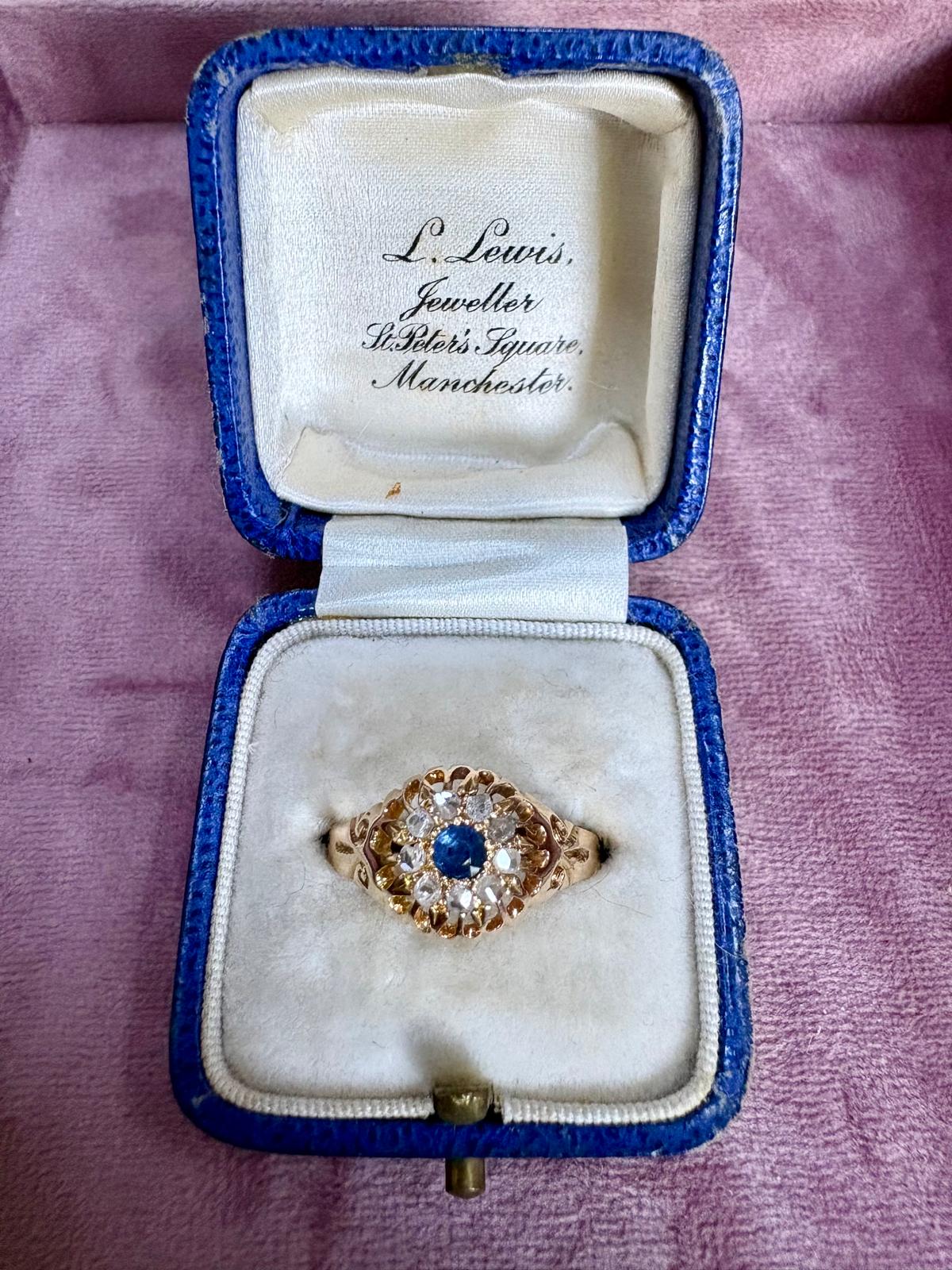 Gorgeous Edwardian 18ct Gold Blue Sapphire and Diamond Cluster Ring
