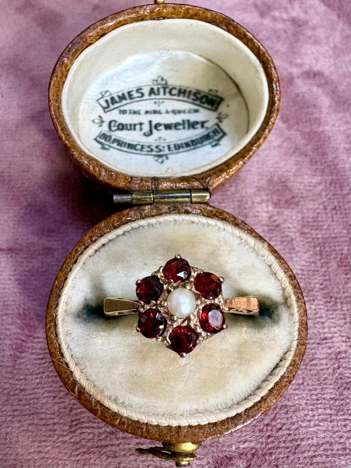 Sweet Vintage 9ct Gold, Cultured Pearl and Garnet Cluster Ring