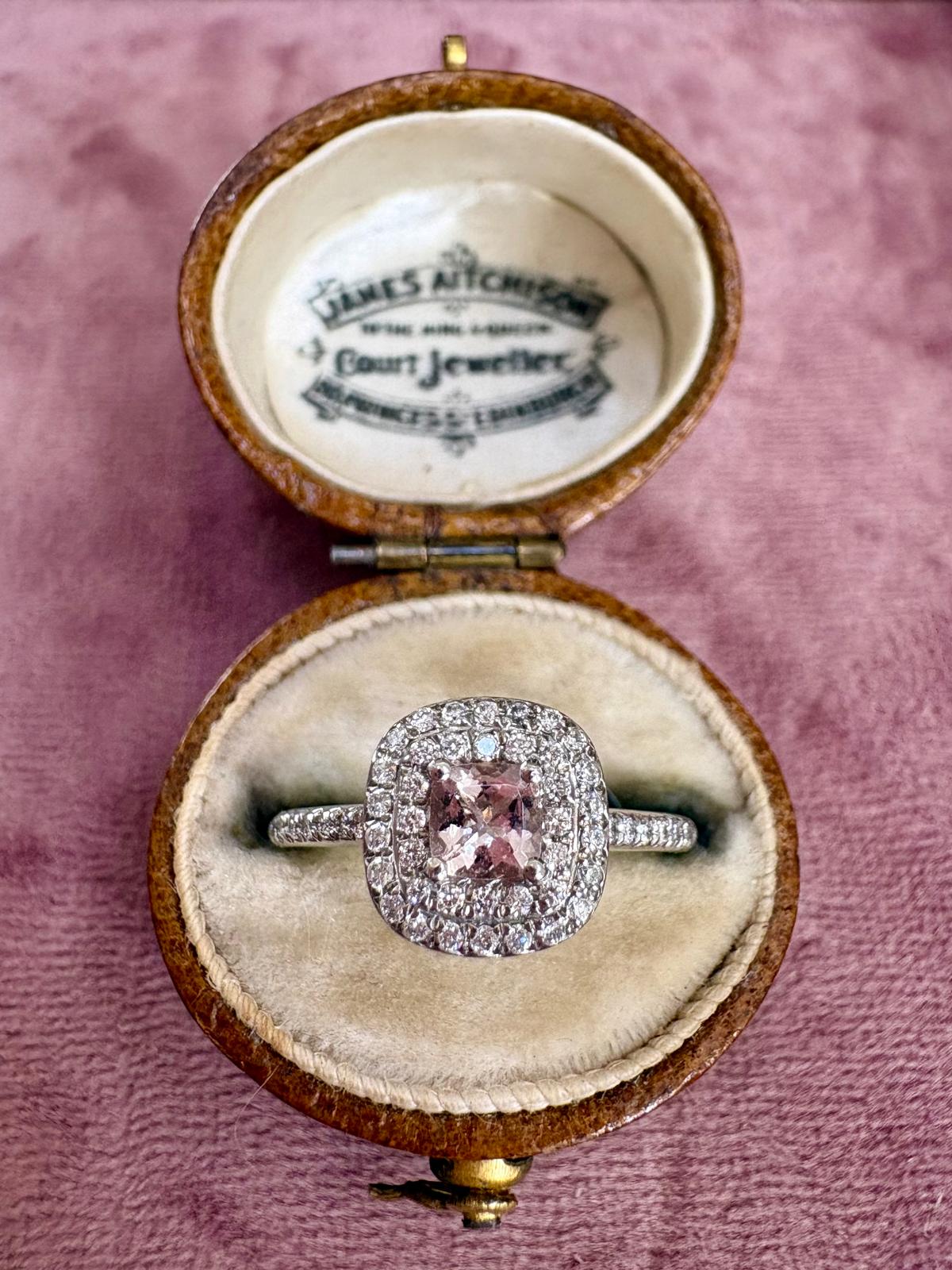 Beautiful Modern Platinum, Pink Morganite and Diamond Halo Ring