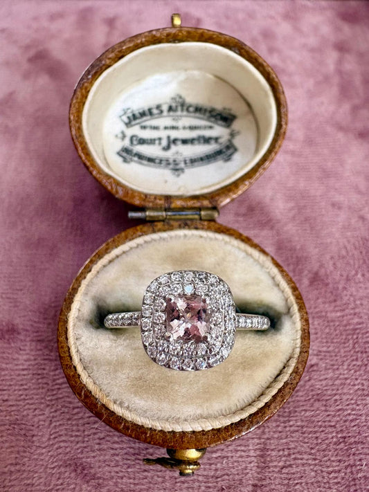 Beautiful Modern Platinum, Pink Morganite and Diamond Halo Ring