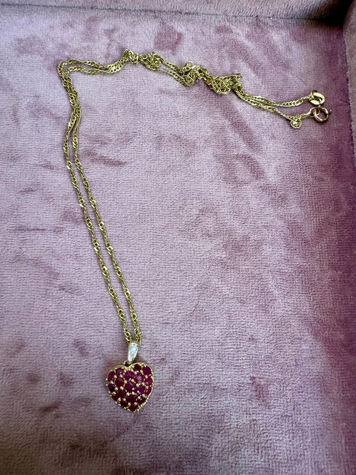 Beautiful Modern 9ct Gold, Pink Spinel and Diamond Love Heart Necklace on 9ct gold rope twist necklace