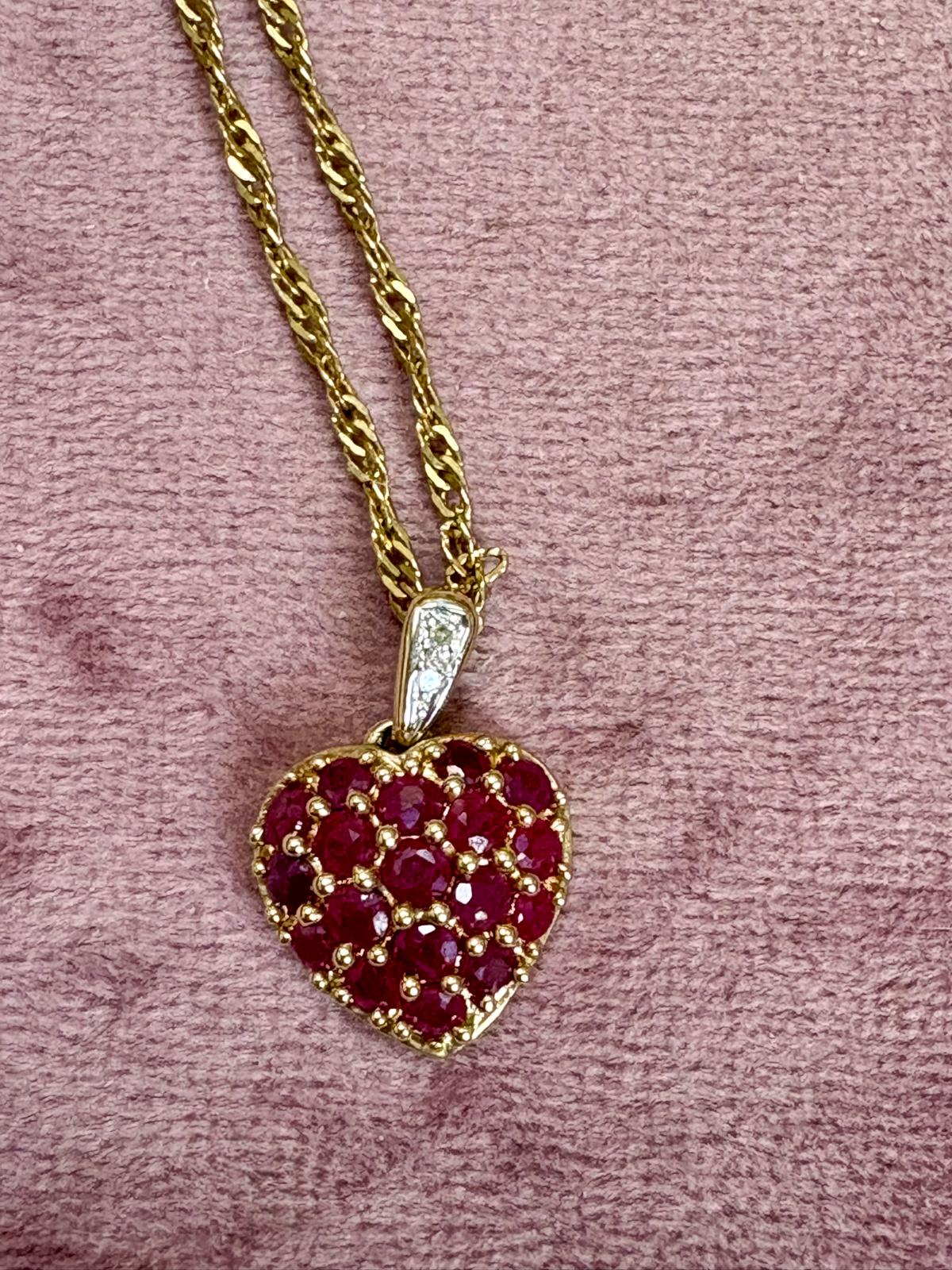Beautiful Modern 9ct Gold, Pink Spinel and Diamond Love Heart Necklace on 9ct gold rope twist necklace