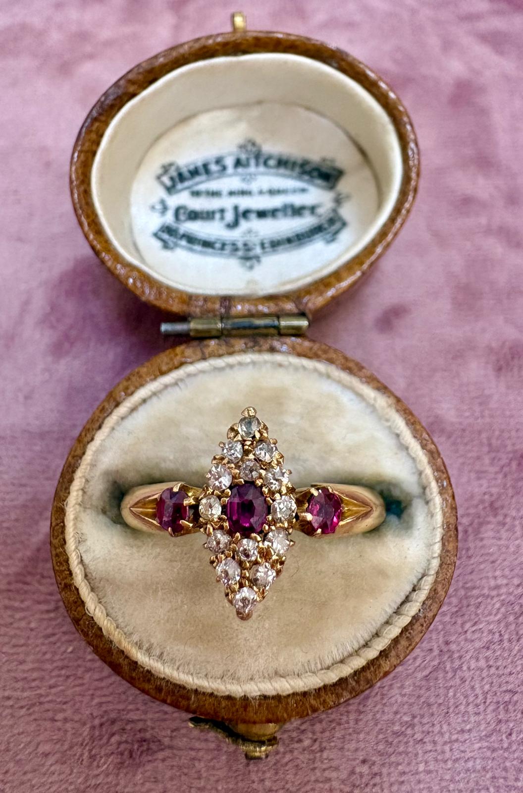 Beautiful 19th Century Victorian 18ct Gold Ruby and Diamond Marquise Ring