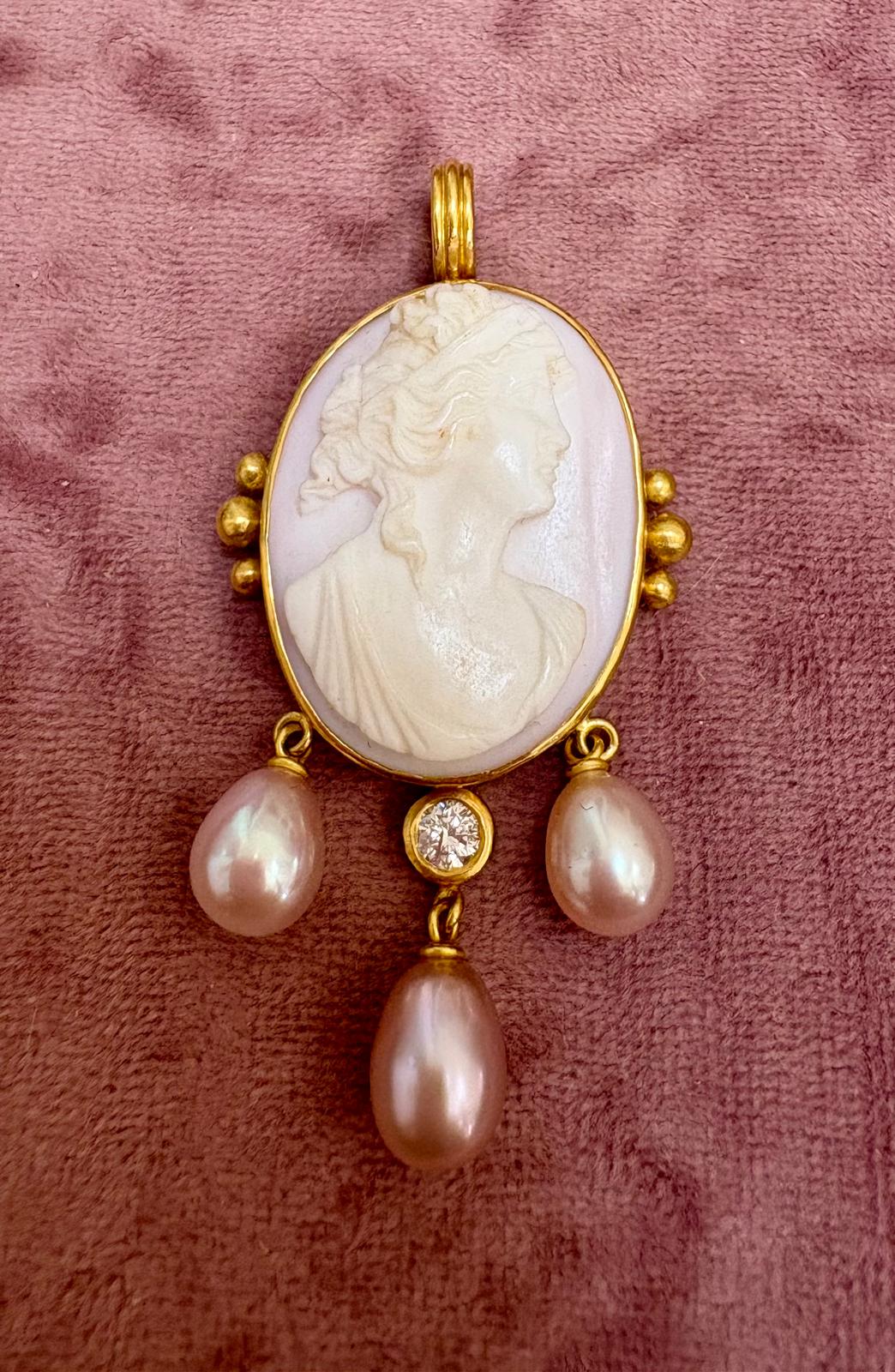 Incredible Antique Pink Conch Shell Cameo, Diamond and Pearl Pendant