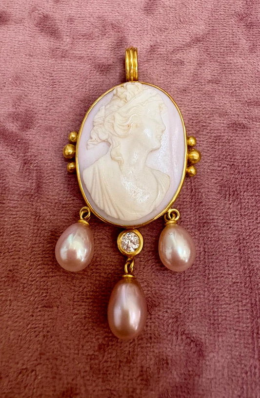 Incredible Antique Pink Conch Shell Cameo, Diamond and Pearl Pendant