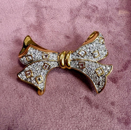 Gorgeous Vintage 18k Gold Plated and Austrian Crystal Bow Brooch