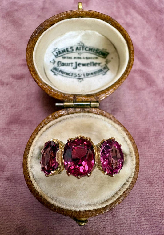 Incredible Late Victorian Gold and Rhodelite Garnet Trilogy Ring