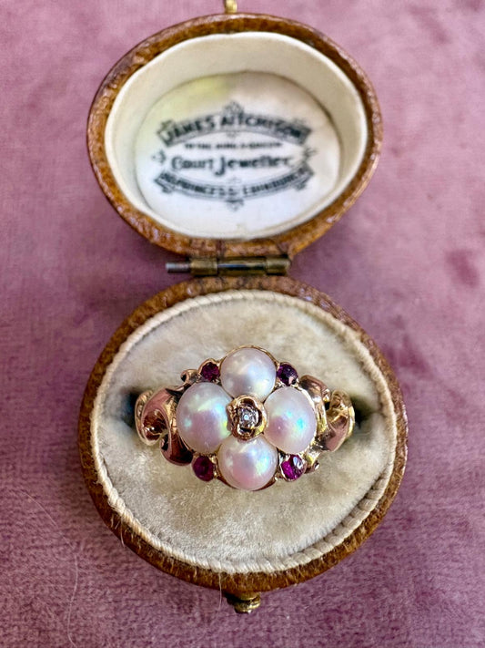 Absolutely Stunning Victorian 18ct Gold Pearl, Ruby and Diamond Cluster Ring