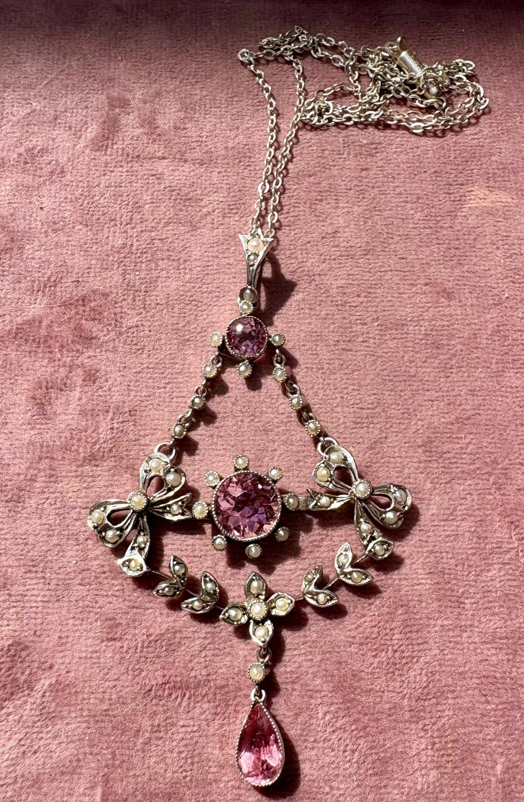 Beautiful Early 20th Century Silver, Pink Paste and Split Pearl Pendant and Chain
