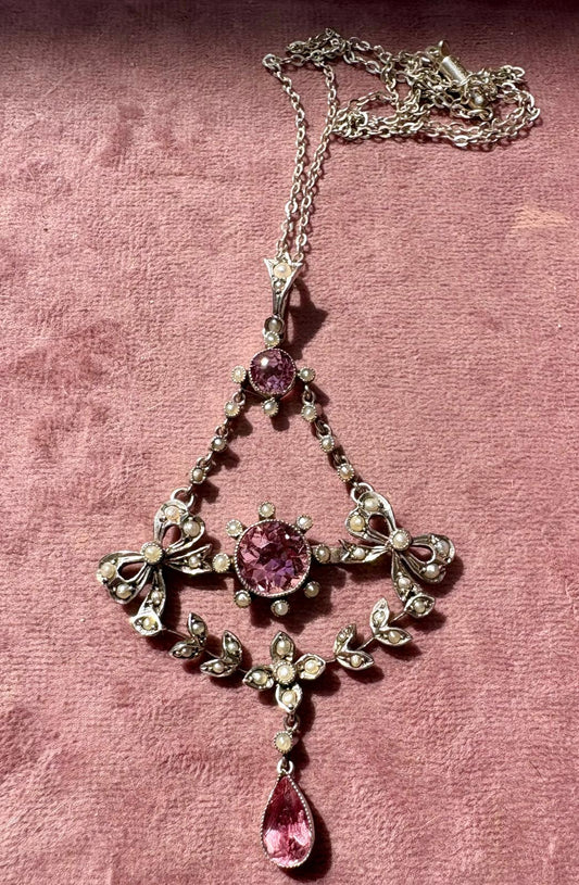 Beautiful Early 20th Century Silver, Pink Paste and Split Pearl Pendant and Chain