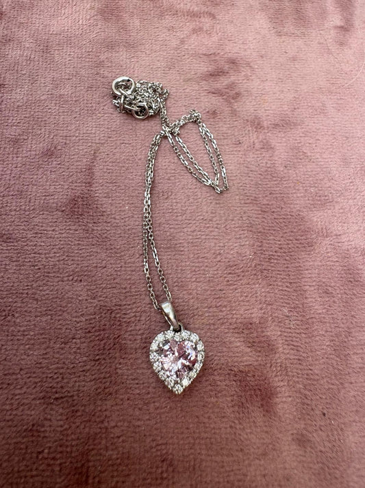 Stunning Modern 9ct White Gold, Pink Sapphire and Diamond Heart Pendant and Necklace