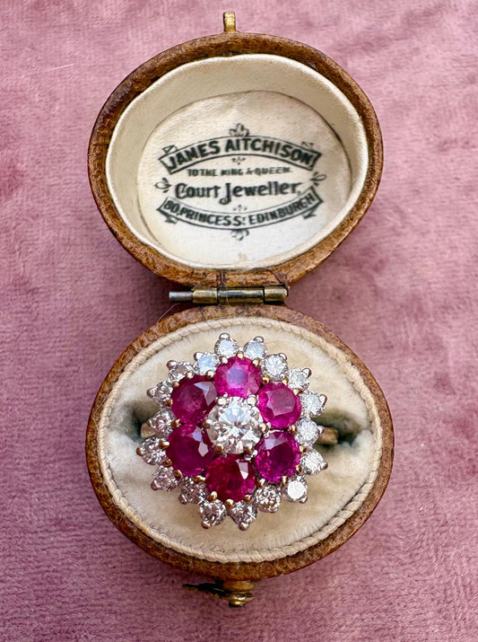 Stunning Vintage 9ct Gold, Ruby and Diamond Flowerhead Ring