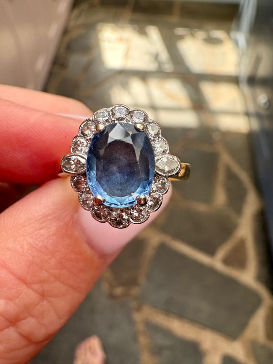 Absolutely Gorgeous Edwardian 18ct Gold, Blue Sapphire and Diamond Cluster Ring
