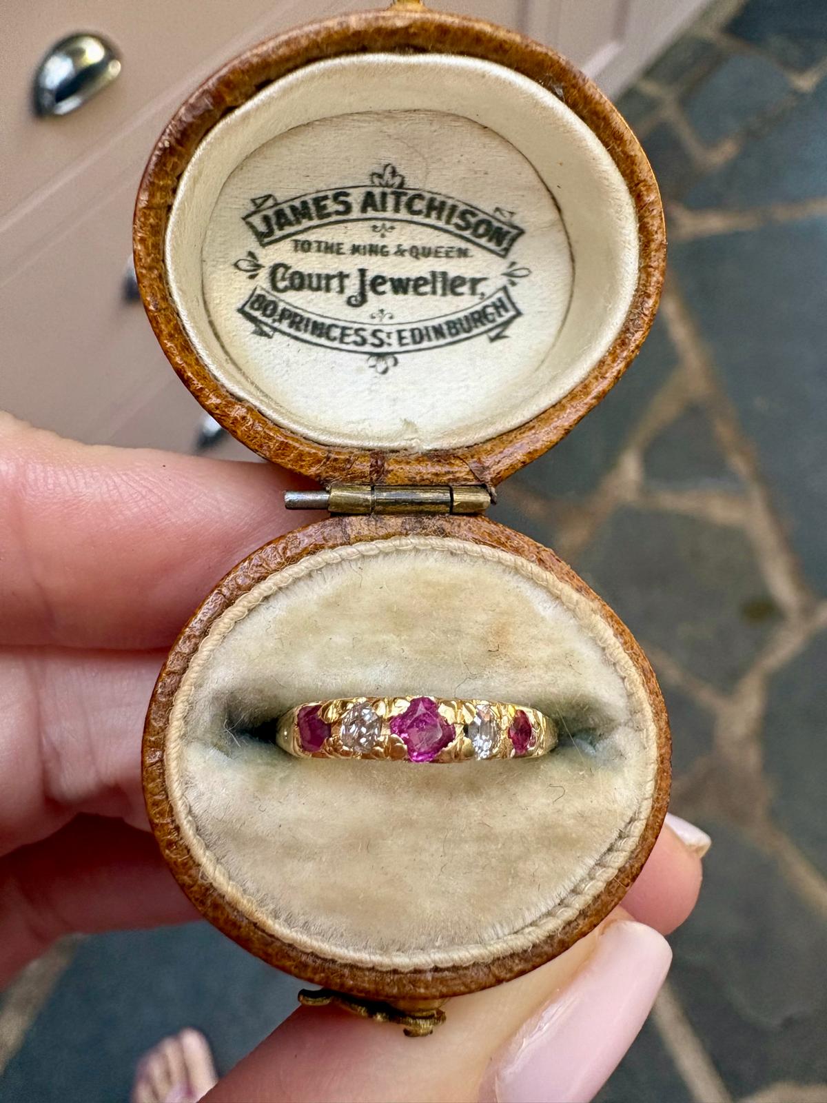 The CUTEST Early 20th Century 18ct Gold, Pink Sapphire and Diamond Five Stone Ring