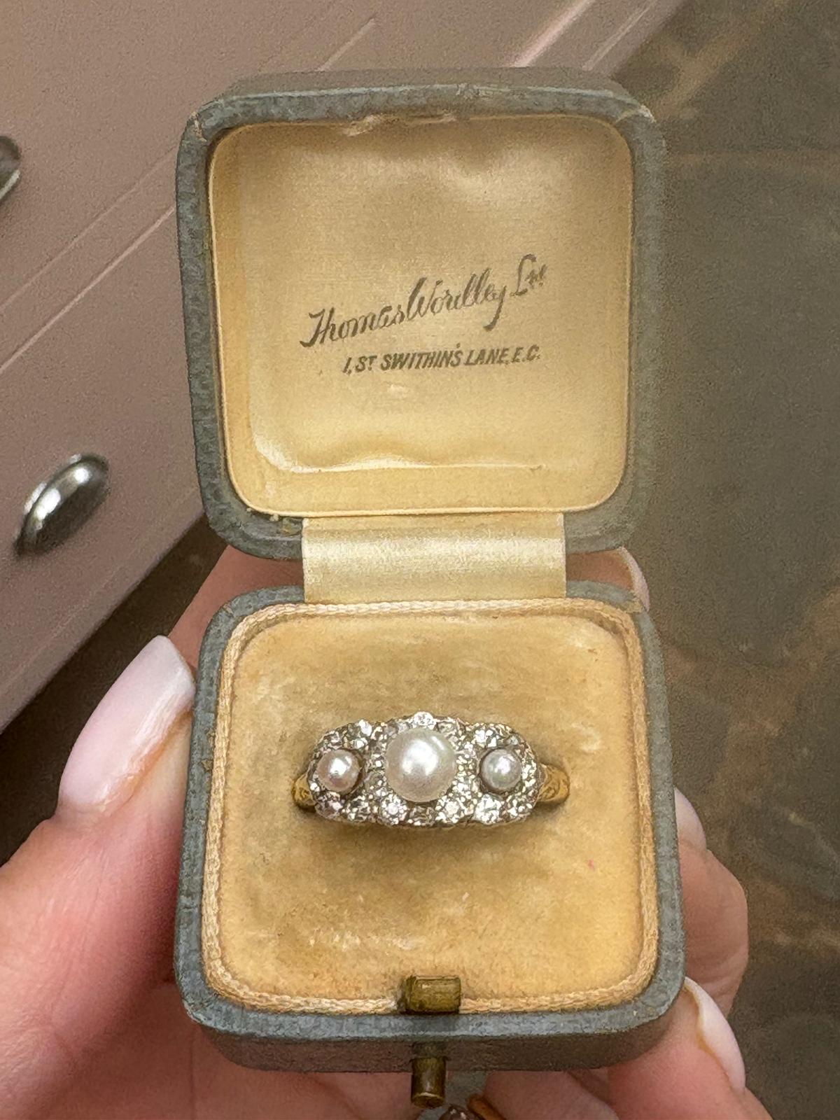Spectacular Antique Gold, Platinum, Cultured Pearl and Old-Cut Diamond Ring