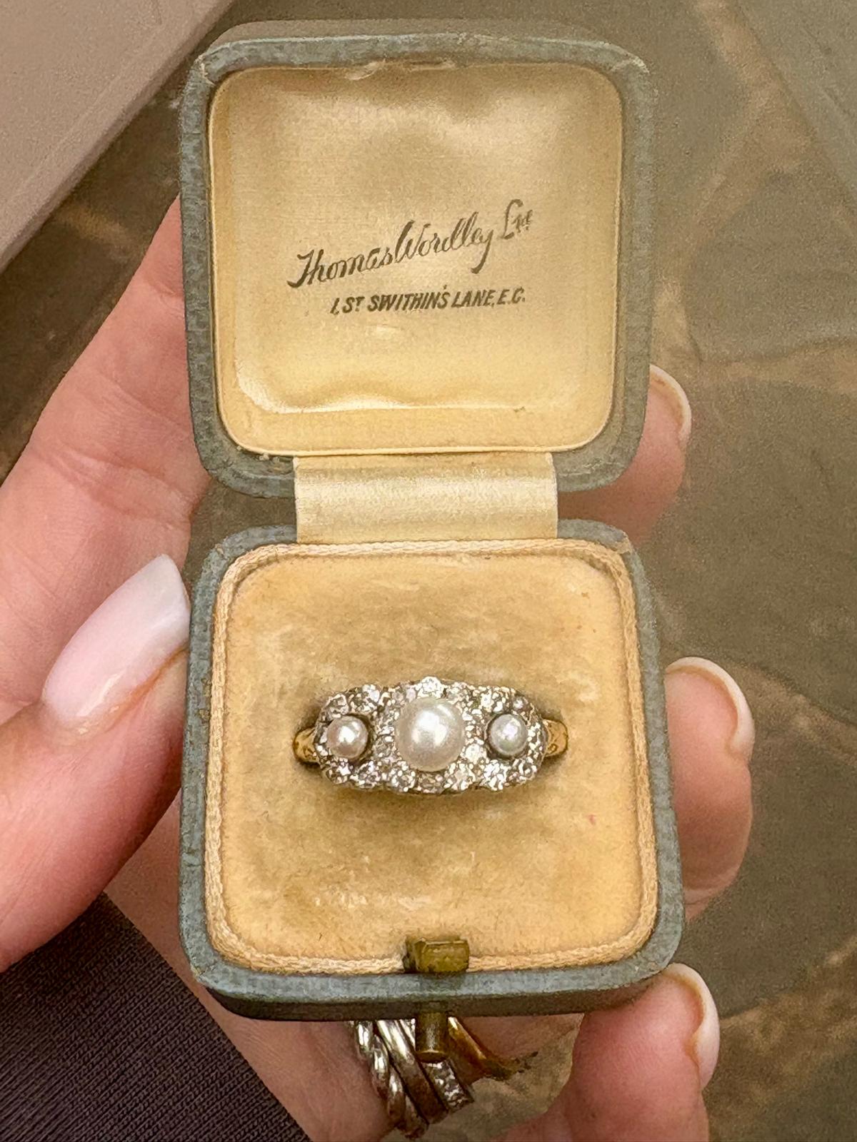 Spectacular Antique Gold, Platinum, Cultured Pearl and Old-Cut Diamond Ring
