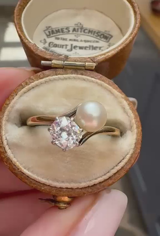 Incredibly Beautiful Antique Pearl and Diamond "Toi et Moi" Ring
