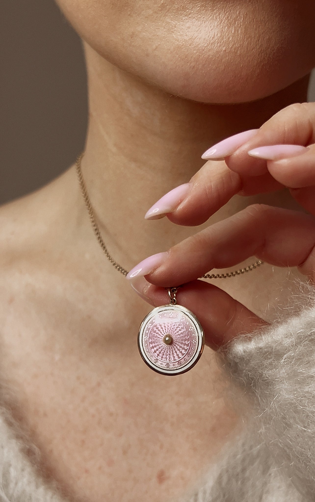 Very Beautiful Antique English Pink Guilloche Enamel Double-sided Pendant on a 9ct Gold Chain