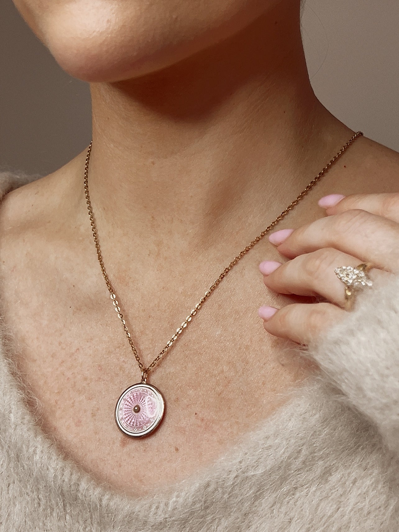 Very Beautiful Antique English Pink Guilloche Enamel Double-sided Pendant on a 9ct Gold Chain