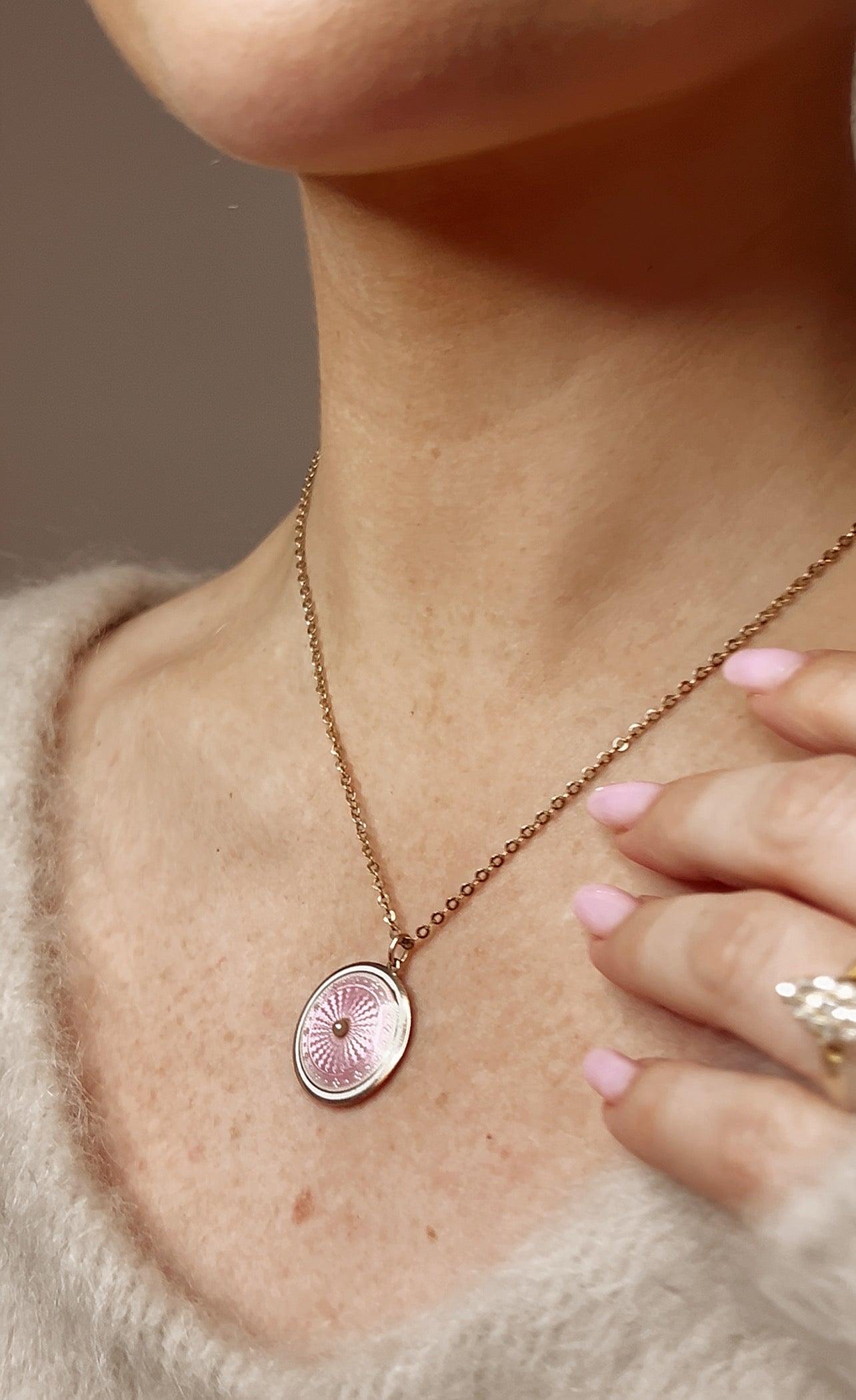 Very Beautiful Antique English Pink Guilloche Enamel Double-sided Pendant on a 9ct Gold Chain