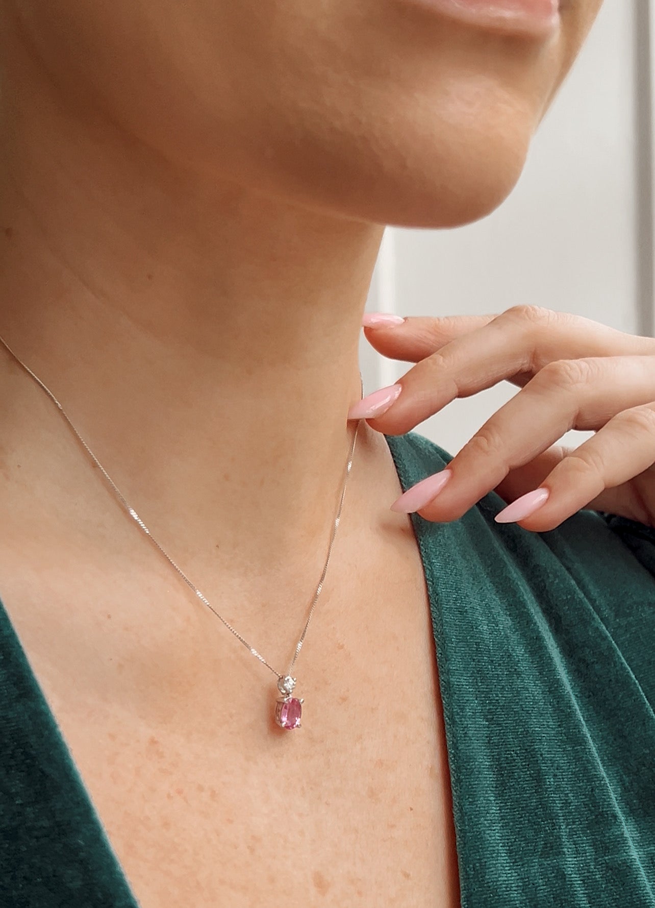 Stunning Modern Platinum, Pink Sapphire and Diamond Pendant on a 9ct Gold Chain