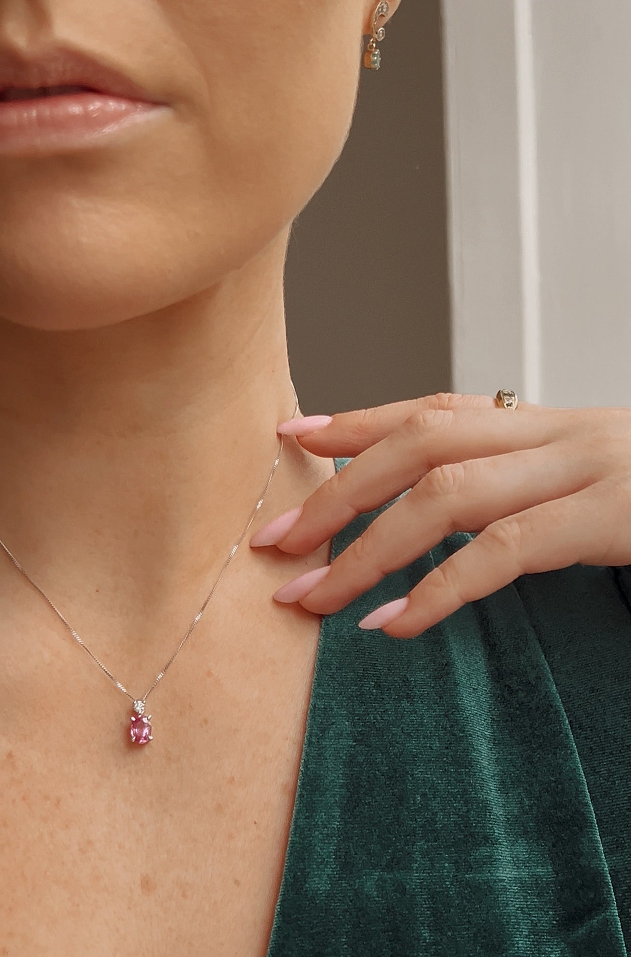 Stunning Modern Platinum, Pink Sapphire and Diamond Pendant on a 9ct Gold Chain