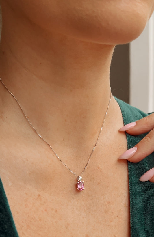 Stunning Modern Platinum, Pink Sapphire and Diamond Pendant on a 9ct Gold Chain