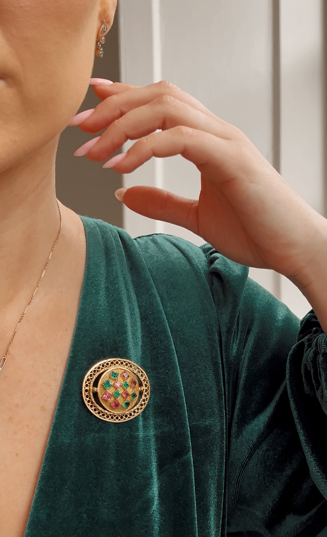 Striking Gilt Brooch with Pink and Green Stones