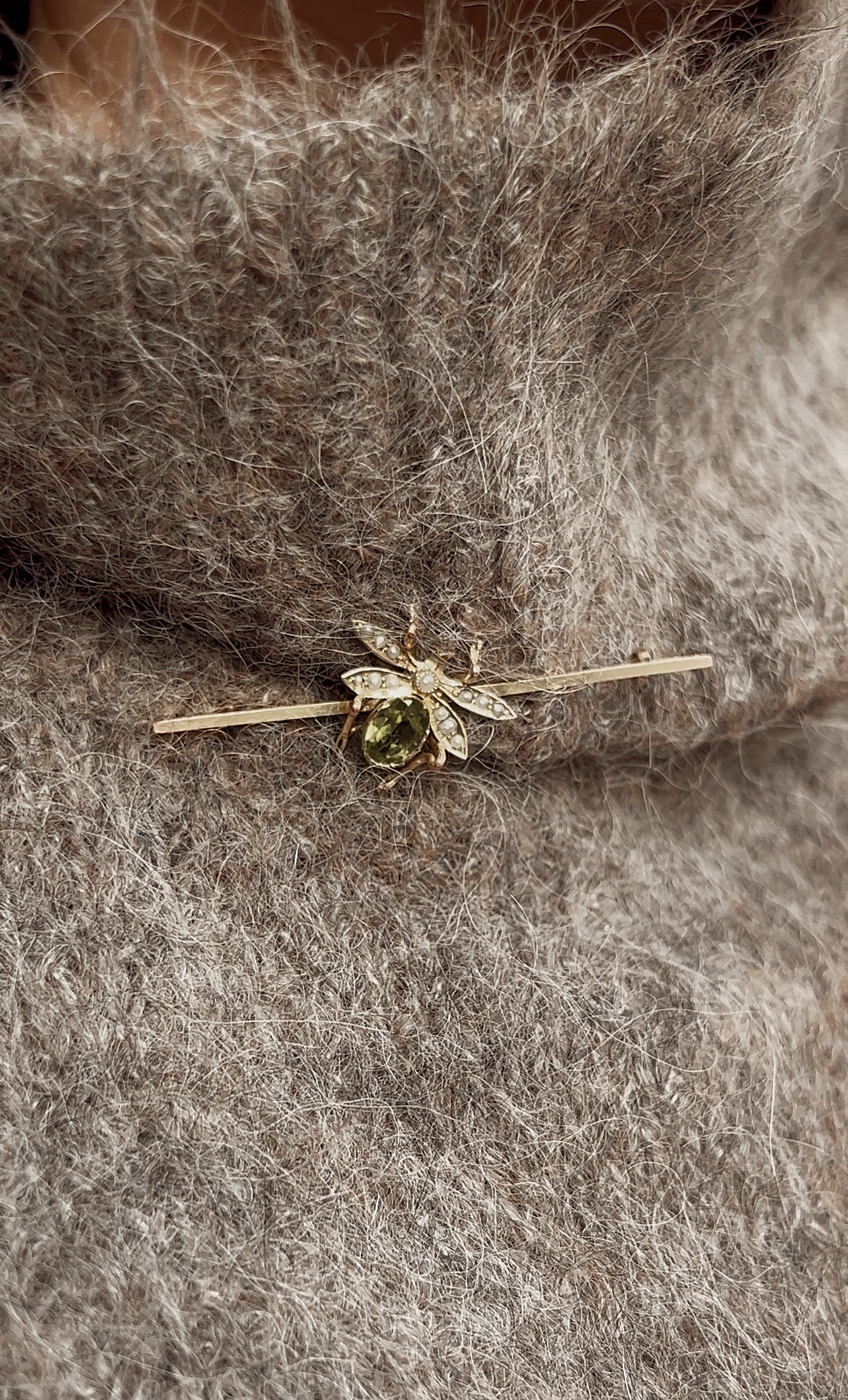 Wonderful Edwardian 9ct Gold, Peridot and Split Pearl Insect Brooch in Original Case
