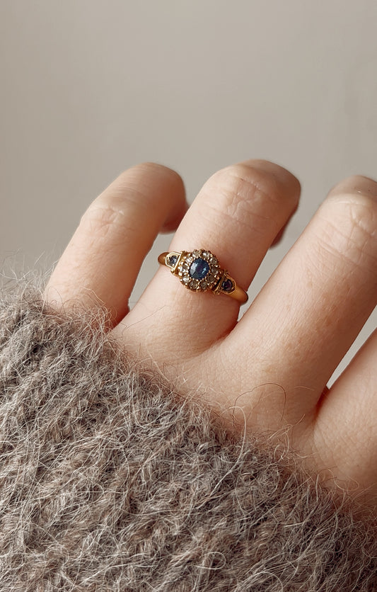 Wonderful Victorian 18ct Gold, Blue Sapphire and Rose-Cut Diamond Ring