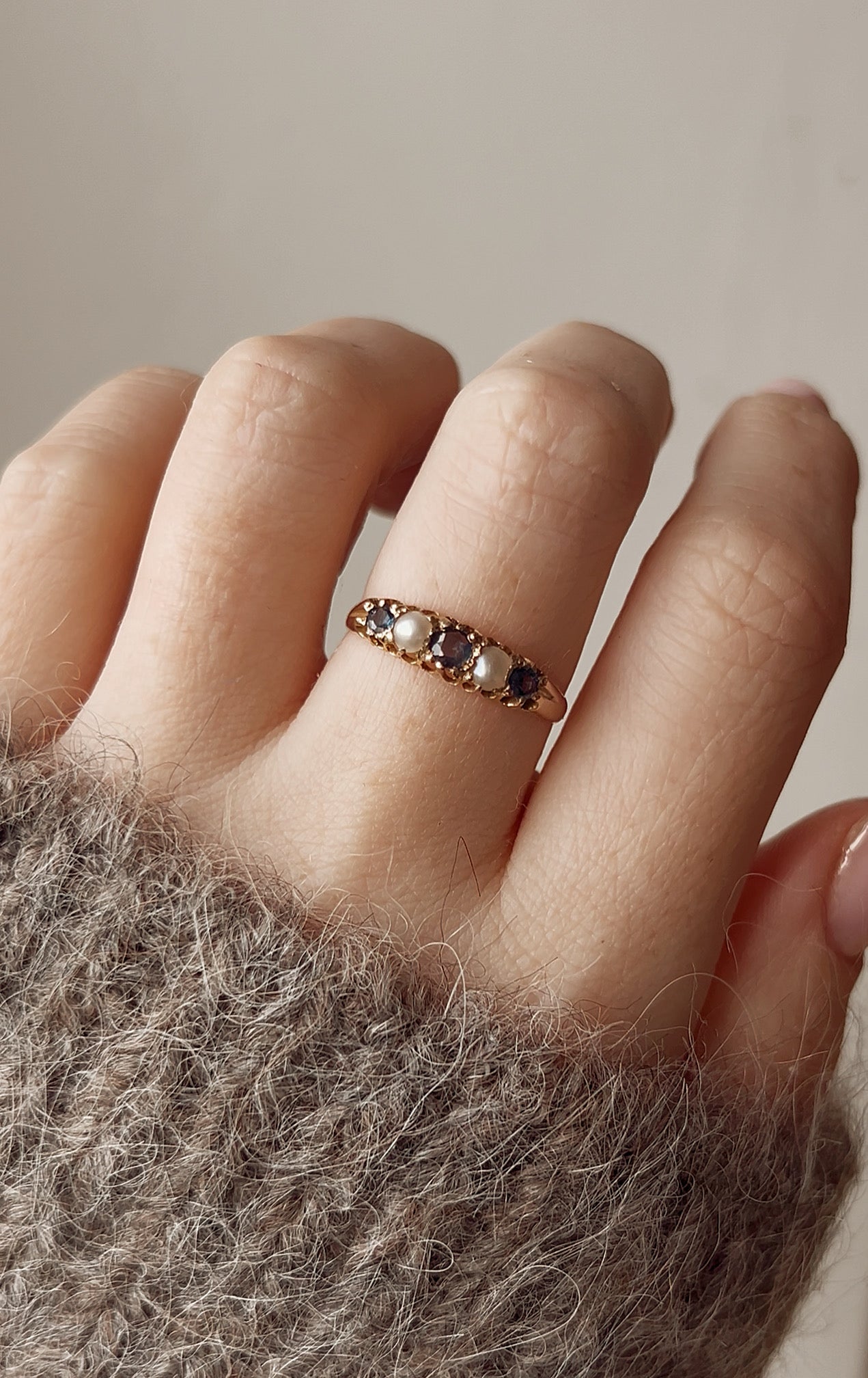 Sweet Edwardian 9ct Gold Blue Sapphire and Pearl Claw Set Ring