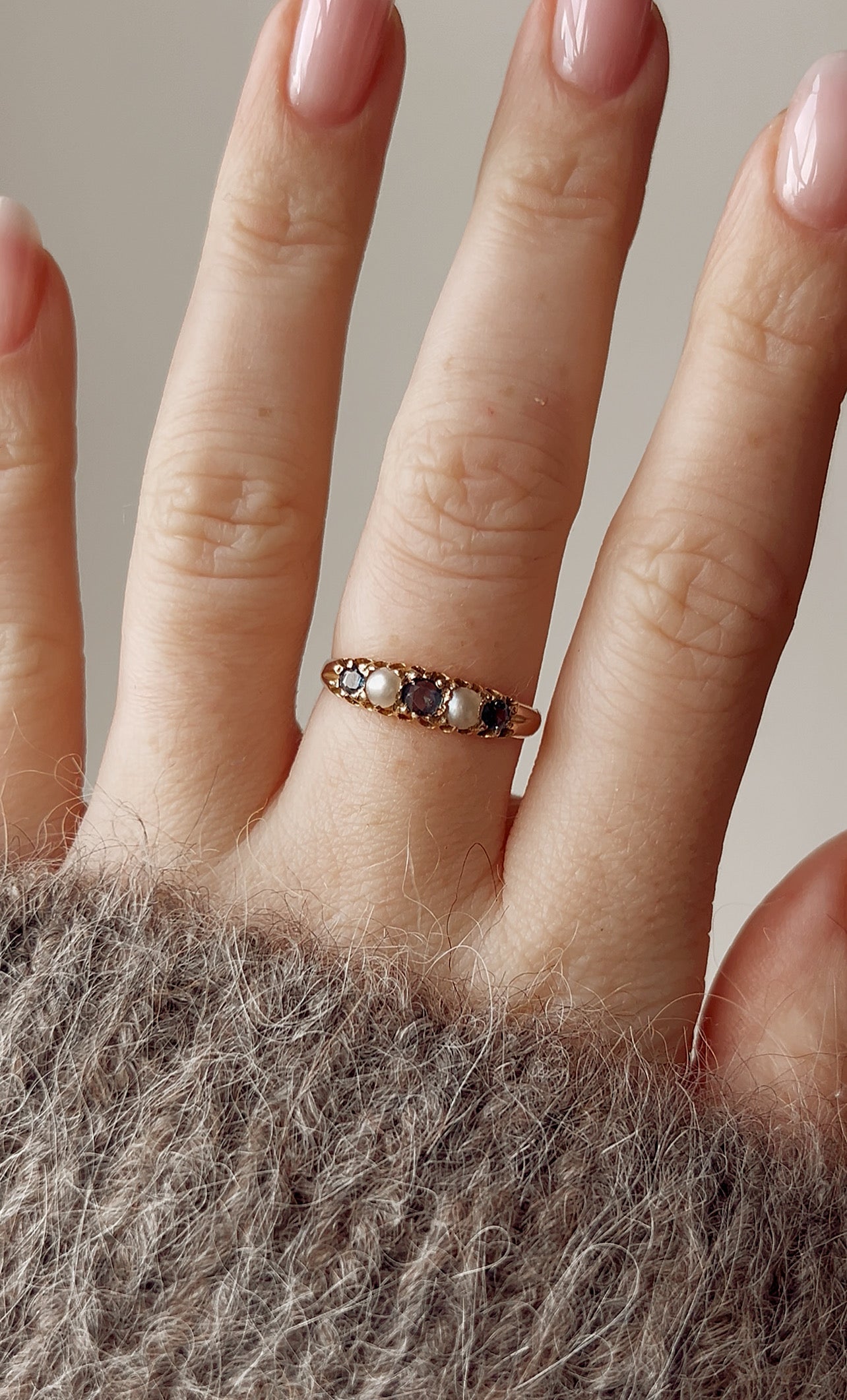 Sweet Edwardian 9ct Gold Blue Sapphire and Pearl Claw Set Ring