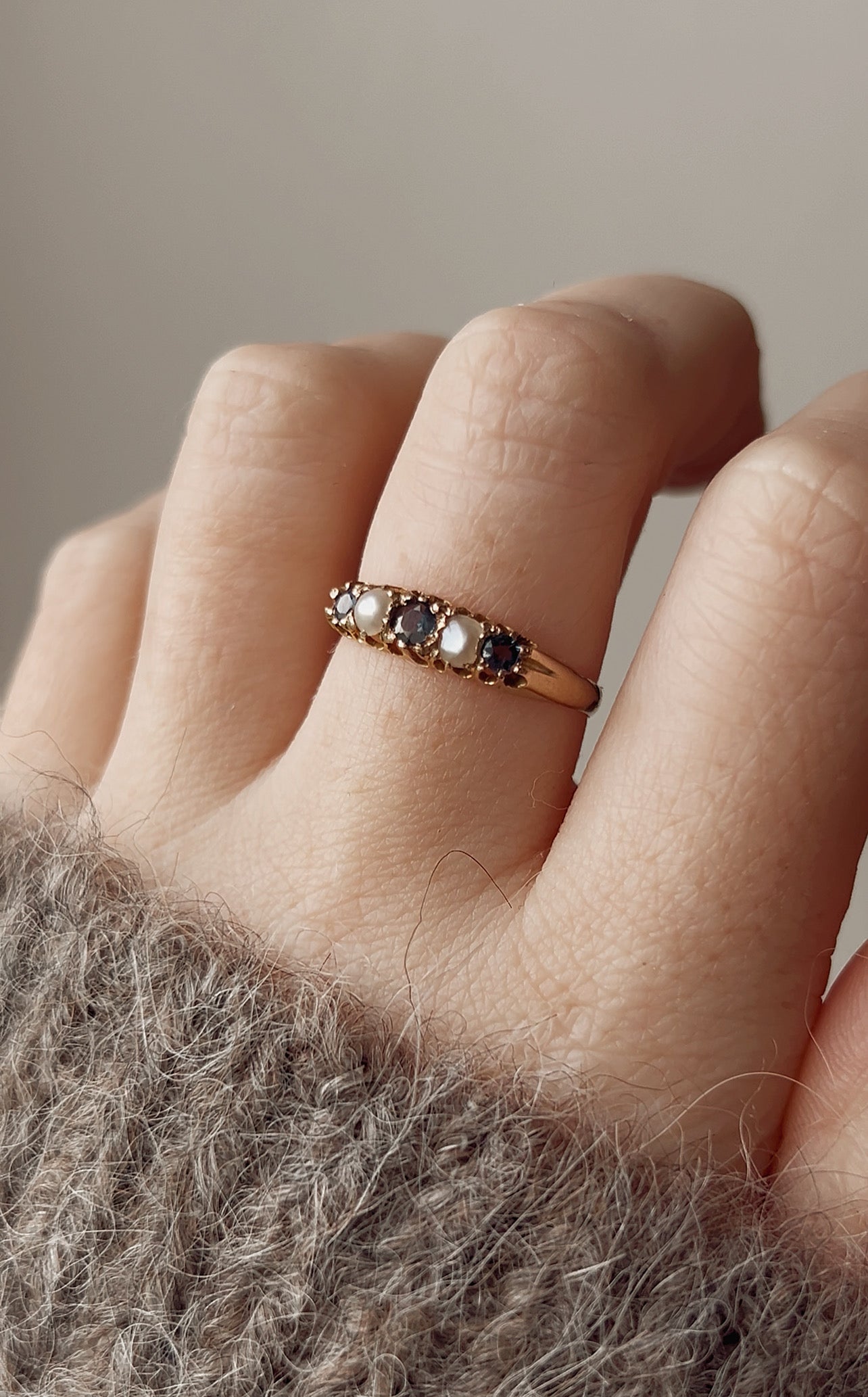 Sweet Edwardian 9ct Gold Blue Sapphire and Pearl Claw Set Ring