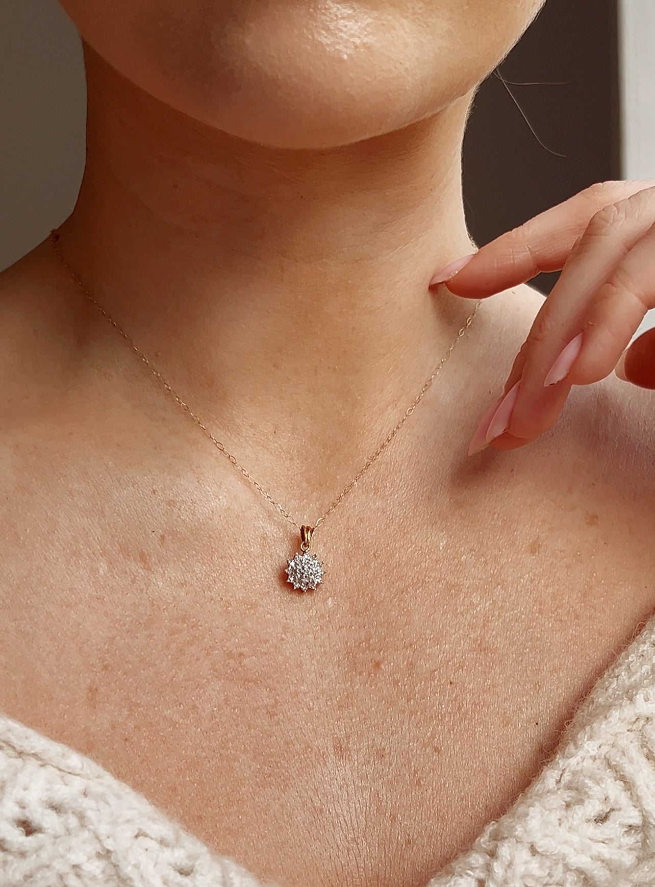 Sweet Vintage 9ct Gold and Diamond Cluster Pendant on a 9ct Gold Chain