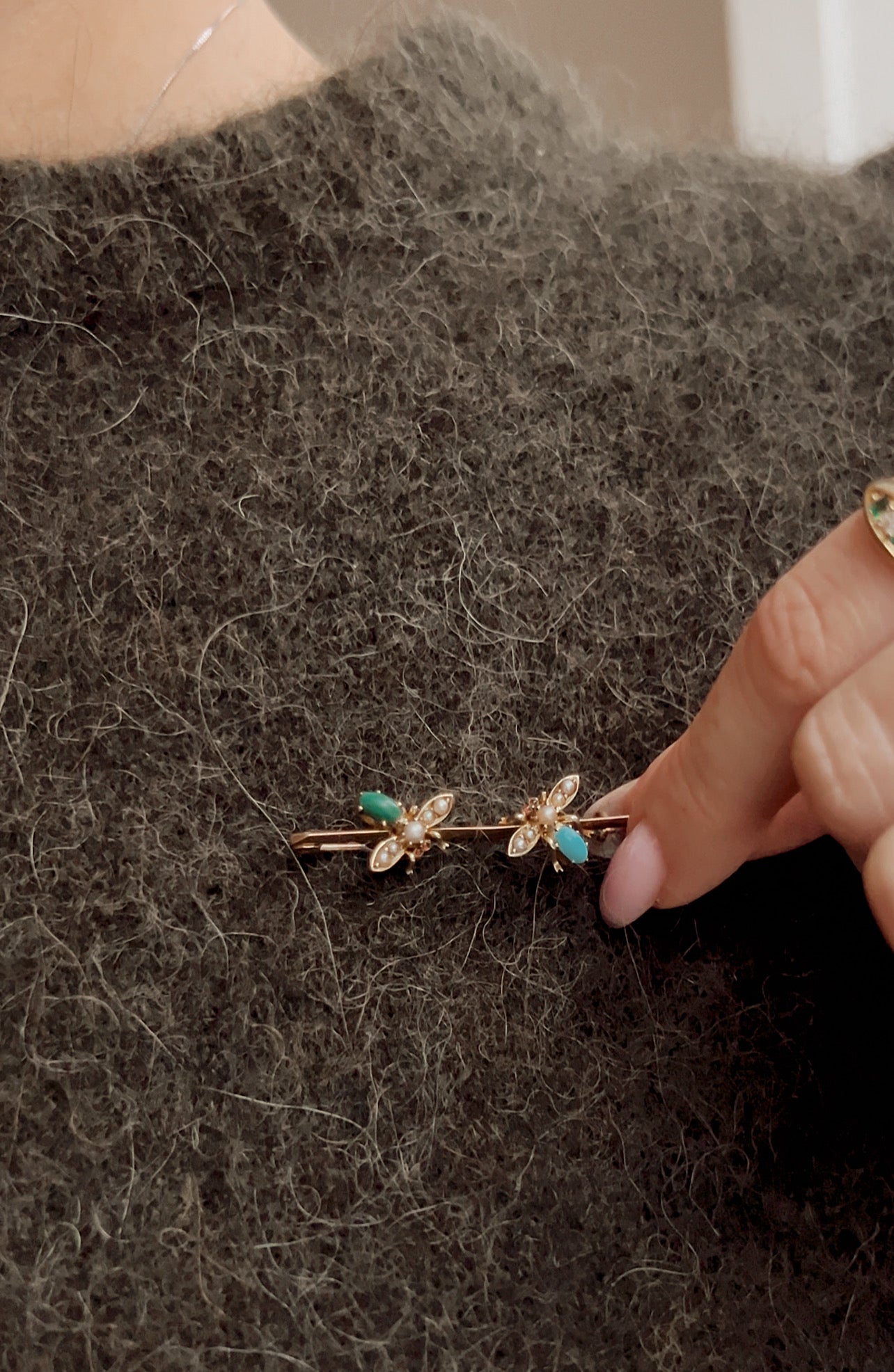 Gorgeous Early 20th Century 15ct Gold Turquoise and Split Pearl Insect Bar Brooch
