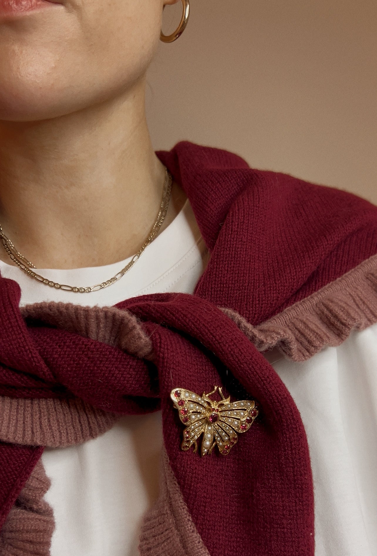 Stunning 9ct Gold Ruby and Split Pearl Butterfly Brooch