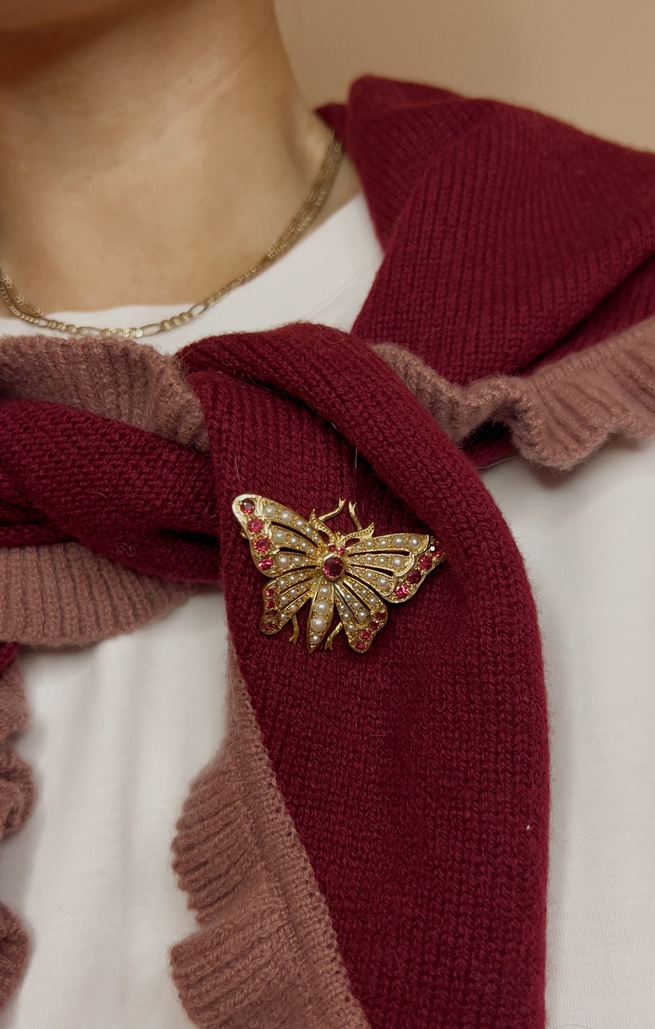 Stunning 9ct Gold Ruby and Split Pearl Butterfly Brooch