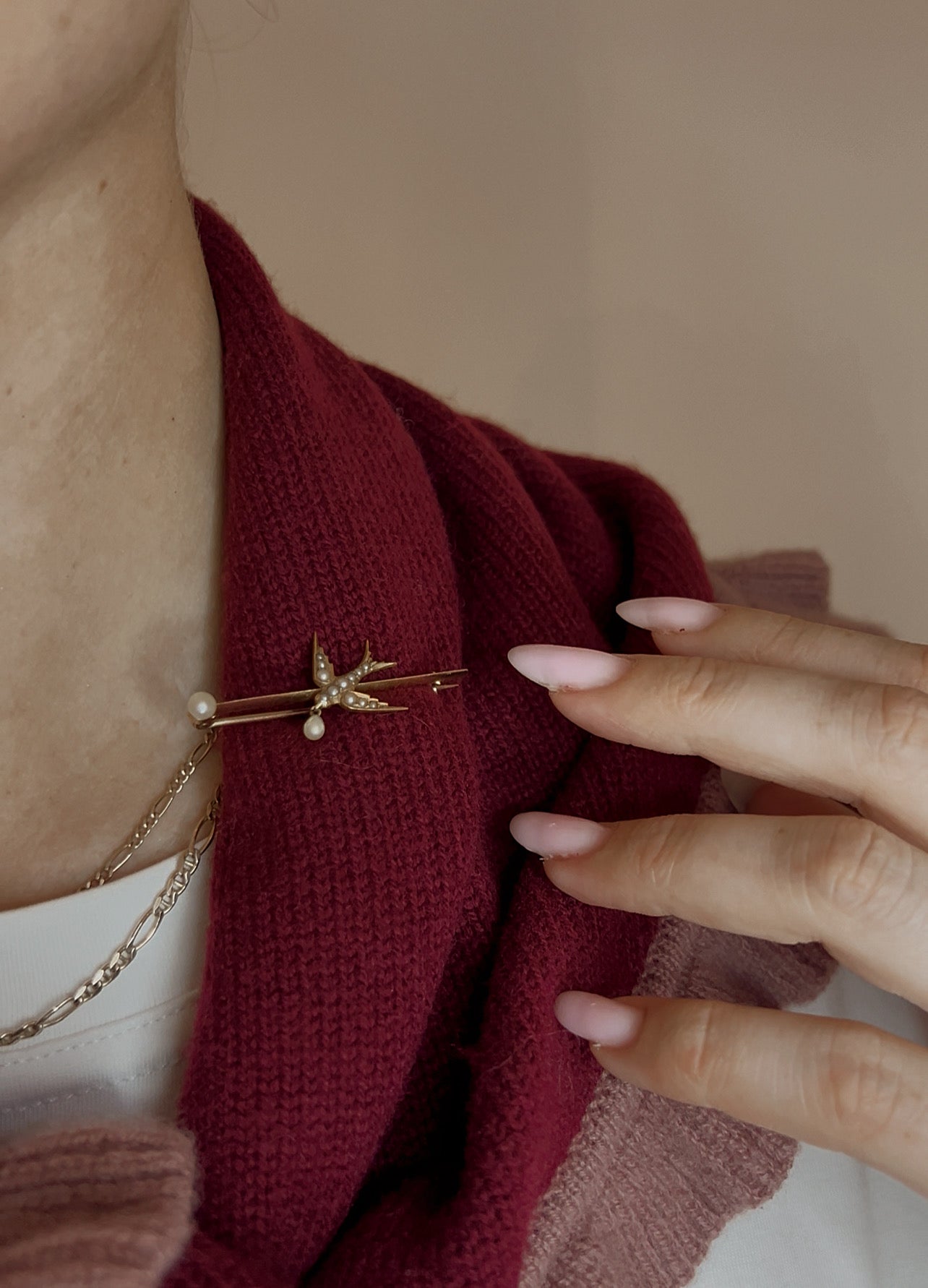 Victorian Cultured Pearl and Seed Pearl Swallow Brooch