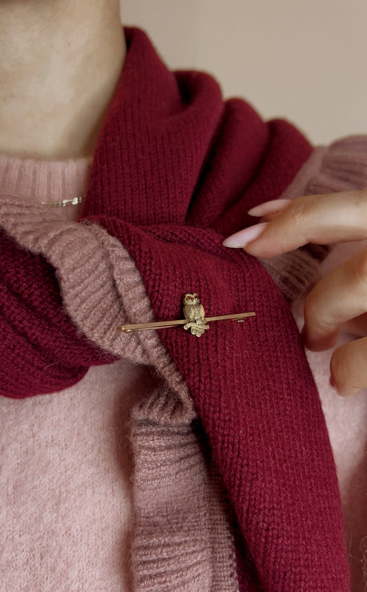The Sweetest Antique 9ct Gold Owl Bar Brooch with Red Gem Eyes