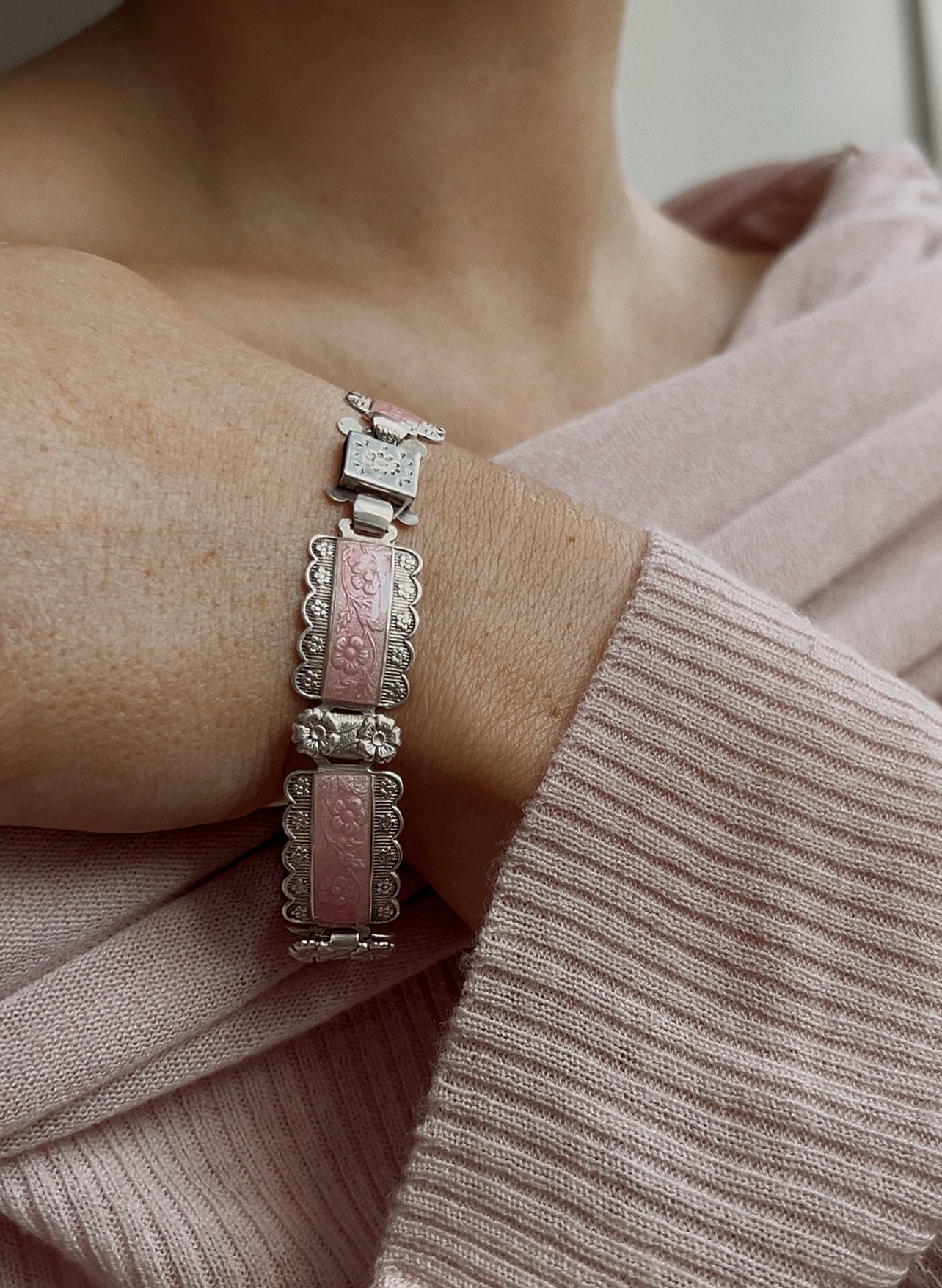 Exceedingly Pretty 1940's Pink Guilloche Enamel and Silver Bracelet