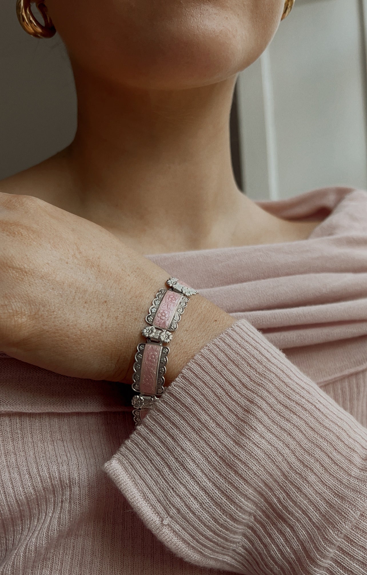 Exceedingly Pretty 1940's Pink Guilloche Enamel and Silver Bracelet