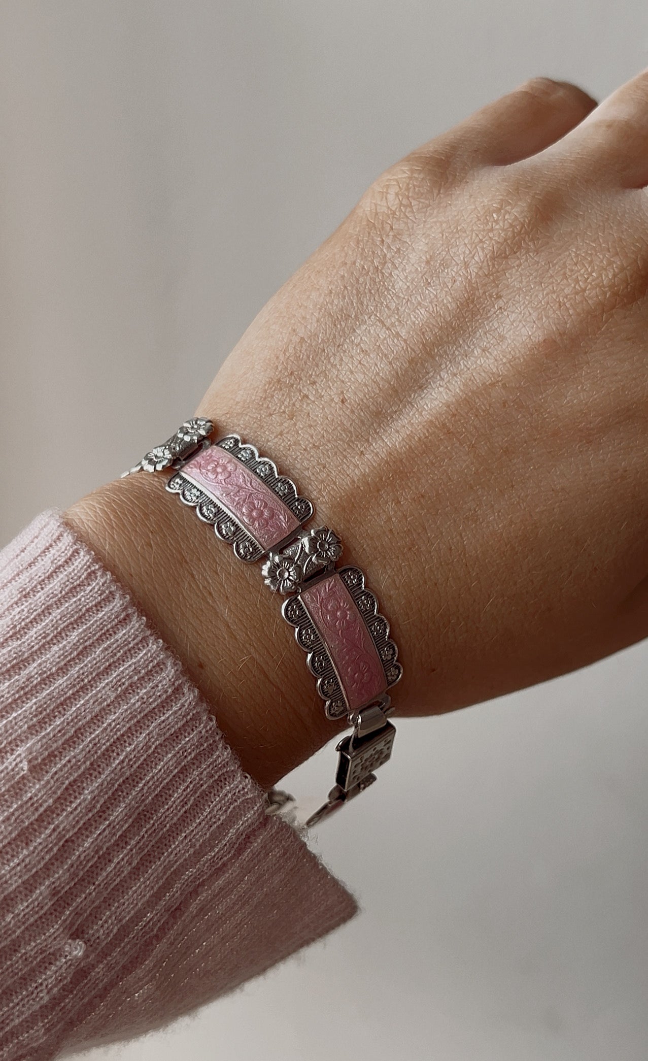 Exceedingly Pretty 1940's Pink Guilloche Enamel and Silver Bracelet