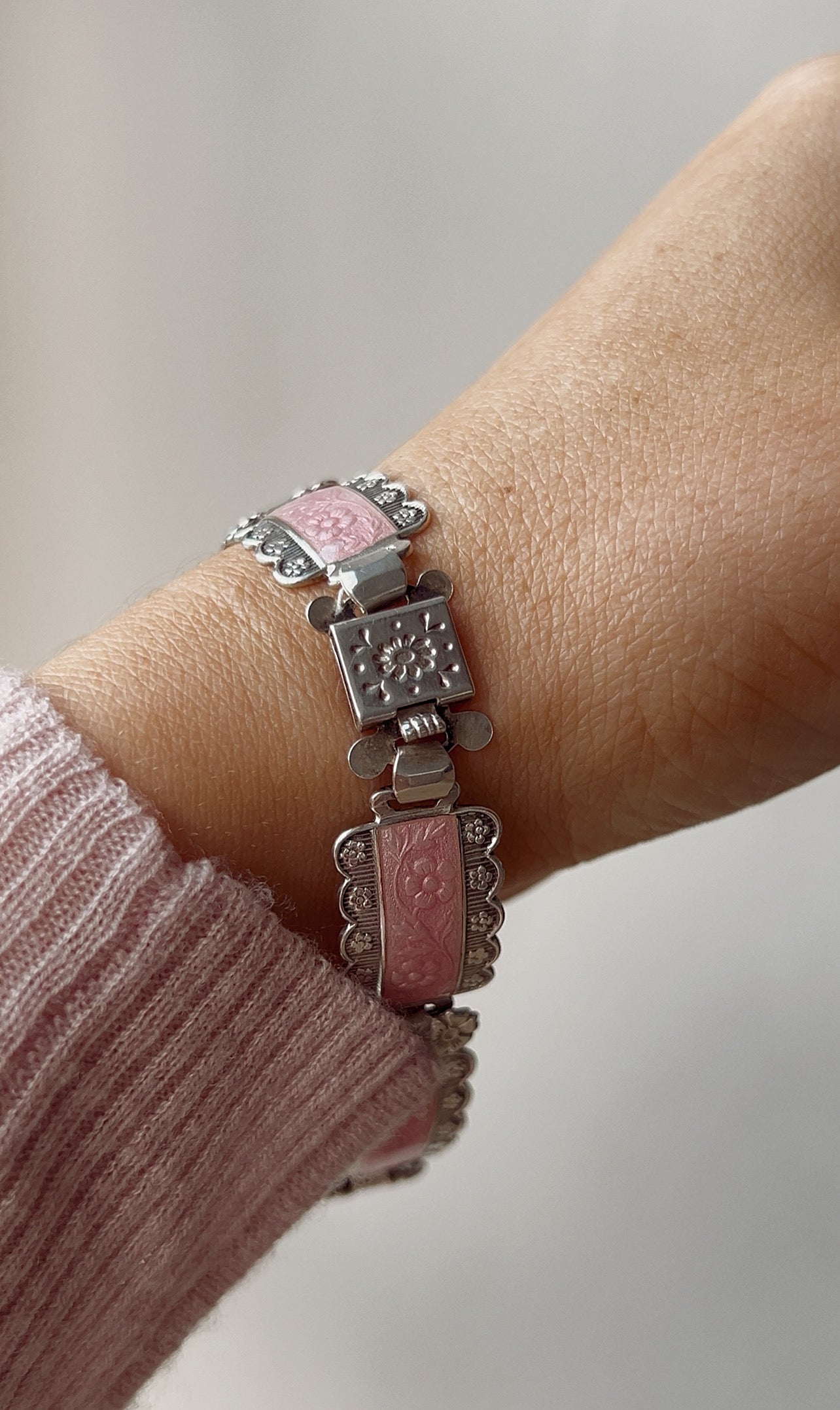 Exceedingly Pretty 1940's Pink Guilloche Enamel and Silver Bracelet
