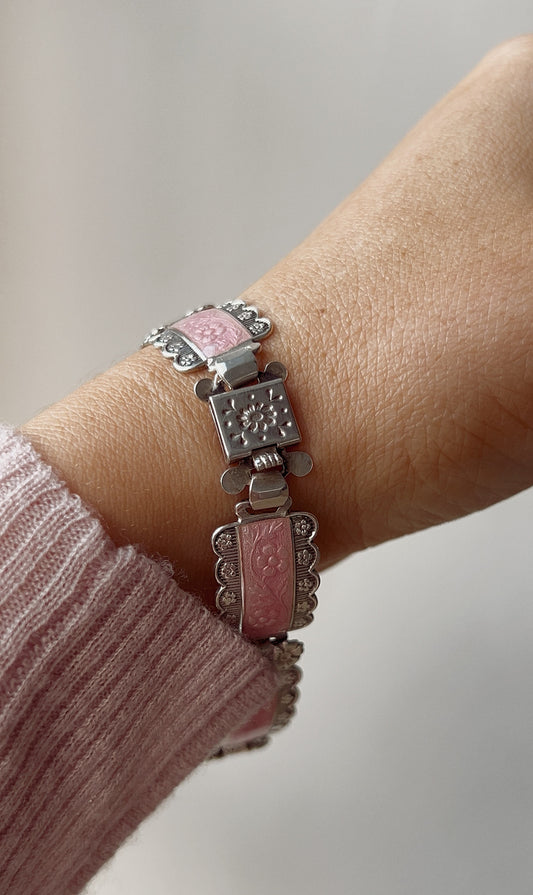 Exceedingly Pretty 1940's Pink Guilloche Enamel and Silver Bracelet