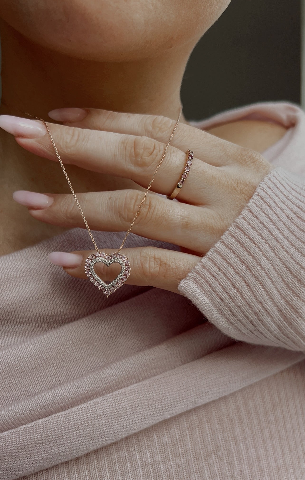 Very Beautiful Pink Sapphire and Diamond Heart Pendant on a 14K Gold Chain